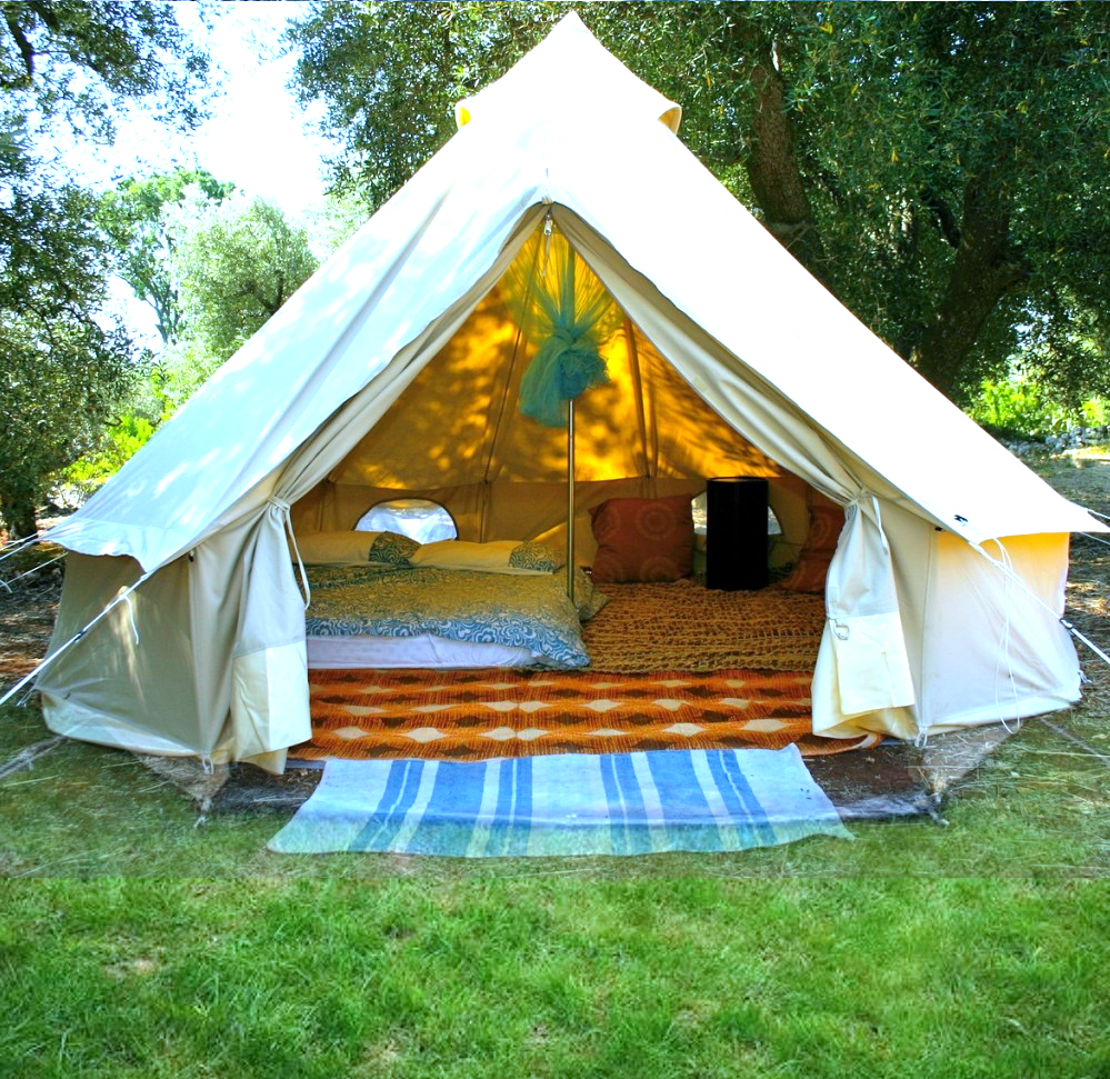 White bell tent setup