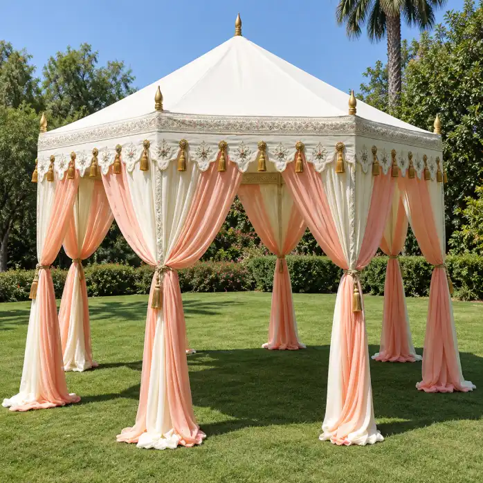 Eight sides. Endless design possibilities.
With their elegant eight-sided form, octagonal canopies create a strong visual presence while offering generous and functional covered space. Our experienced craftsmen combine traditional tent-making knowledge with carefully engineered construction to create structures made for repeated use.
From understated solid fabrics to intricate printed designs, every canopy can be developed around your space, aesthetic, and occasion.